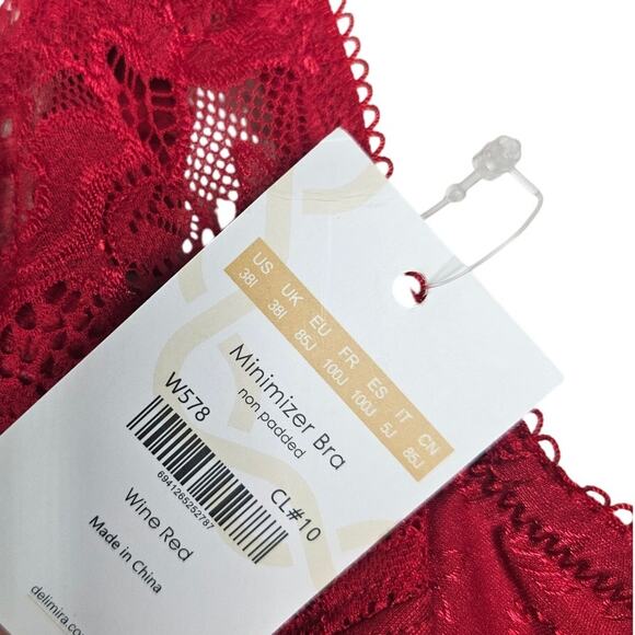 NEW Delimira 38I Minimizer Bra No Padding Wine Red Lace Underwire Lingerie - Picture 2 of 3